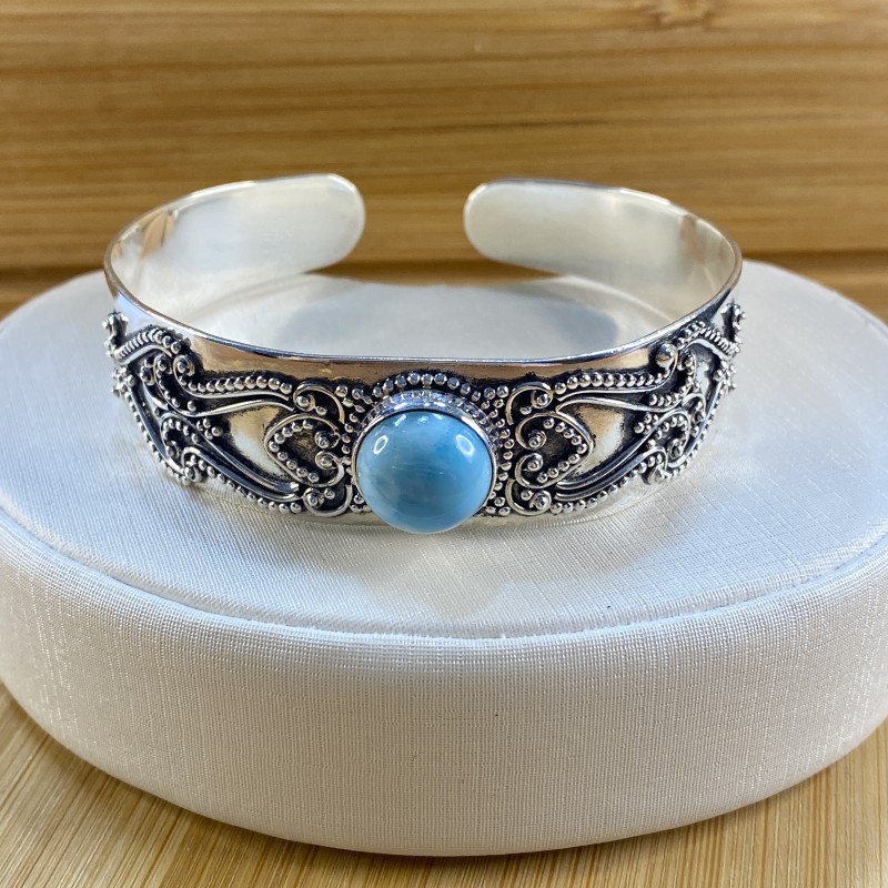 Bracelete trabalhado com Pedra Larimar - Prata 925 - Ajustável