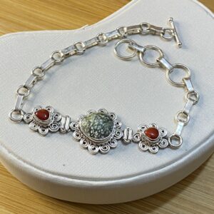 Pulseira Indiana de Turquesa com Coral – Prata 925 – Fecho T Ajustável