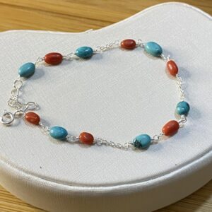 Pulseira de Turquesa e Coral Ovais – Prata 925 – 17 cm + extensor
