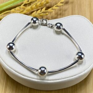 Pulseira de Bolas de 8mm e Tubos Alongados - Prata 925 - Tam 20 cm