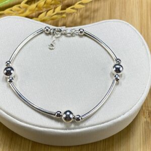 Pulseira com 3 bolas e Tubos Alongados - Prata 925 - Tam 20 cm