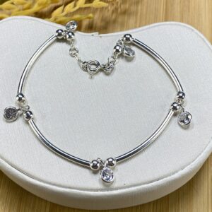 Pulseira com Bolinhas, Zircônias e Tubos Alongados - Prata 925 - Tam 20 cm