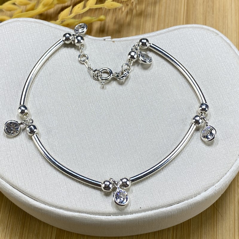 Pulseira com Bolinhas, Zircônias e Tubos Alongados - Prata 925 - Tam 20 cm