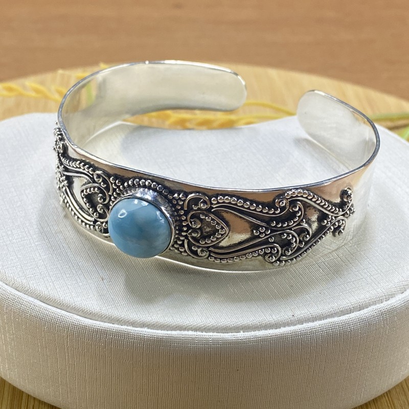 Bracelete trabalhado com Pedra Larimar - Prata 925 - Ajustável - Imagem 2