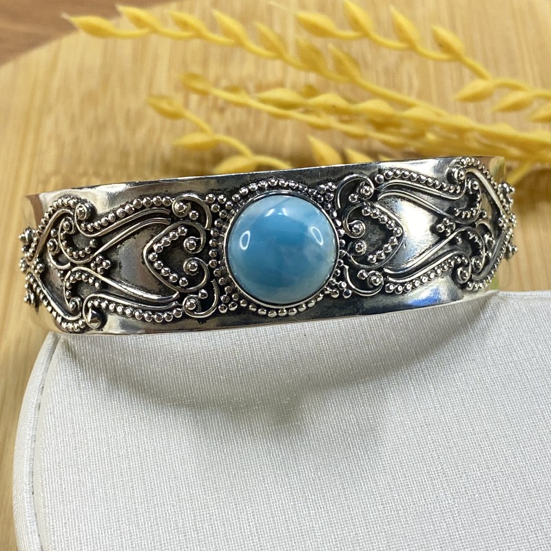 Bracelete trabalhado com Pedra Larimar - Prata 925 - Ajustável - Imagem 3