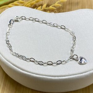 Pulseira de elos com pingente de coração de zircônia - Prata 925 - Tam 18 cm