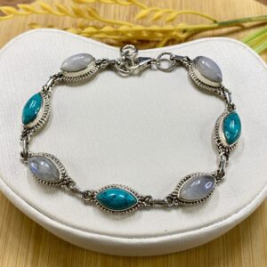 Pulseira em Prata 925 com Navetes Turquesa e Pedra da Lua - Tam 21 cm