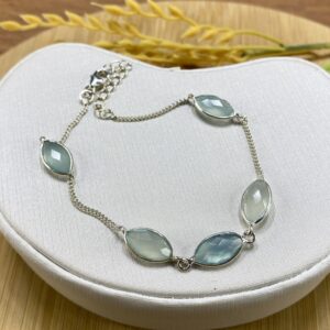 Pulseira com Calcedônia em Navete - Azul Esverdeado- Prata 925 - Tam 19 cm + extensor