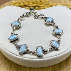 Pulseira em Prata 925 com Pedra Larimar Oval e Base Lisa - Tam 17,5 cm