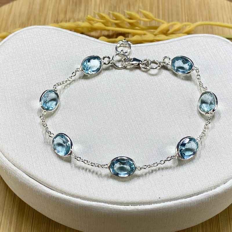 Pulseira em Prata 925 com Topázio Azul - Tam 19 cm