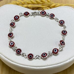 Pulseira com Olho Grego Vermelho - Prata 925 - Tam 20 cm