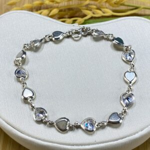 Pulseira com Coração de Zircônia e Coração Chapado - Prata 925 - Tam 19 cm