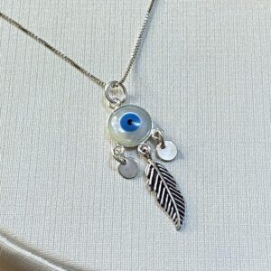 Colar Olho Grego de Madrepérola com Pena – Prata 925 – 40 cm