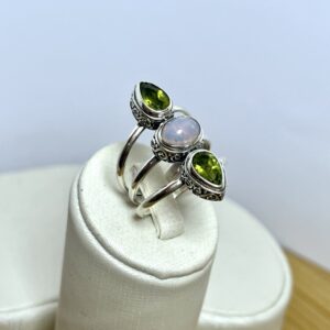 Anel 3 aros e 3 Pedras - Pedra da Lua e Citrino Verde - Prata 925