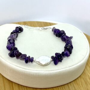 Pulseira Ametista com Pérola Biwa – Prata 925 - 18 cm