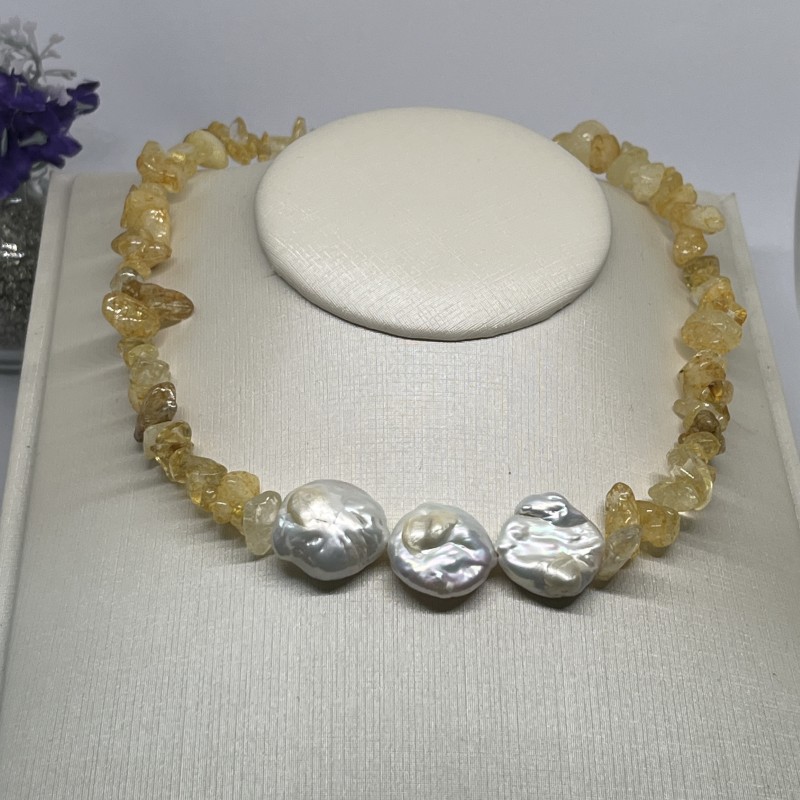 Choker de Citrino com Pérolas Biwa e Prata 925 - 40 cm