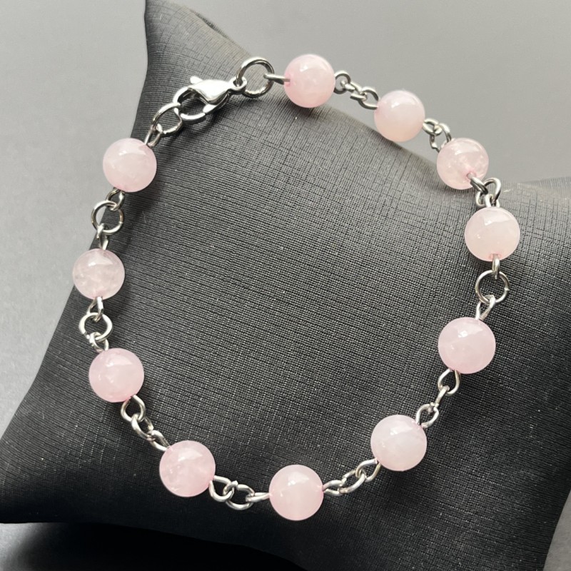 Pulseiras Pedra Natural Quartzo Rosa com Aço Inox - Tamanho ajustável até 20 cm