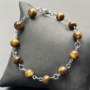 Pulseira Pedra Natural com Aço Inox - Olho de Tigre - Ajustável até 20 cm