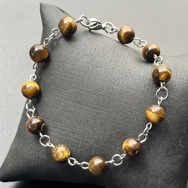 Pulseira Pedra Natural com Aço Inox - Olho de Tigre - Ajustável até 20 cm