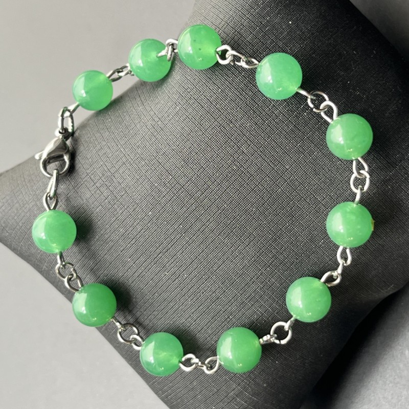 Pulseira Pedra Natural com Aço Inox - Jade Verde - Ajustável ate 20 cm