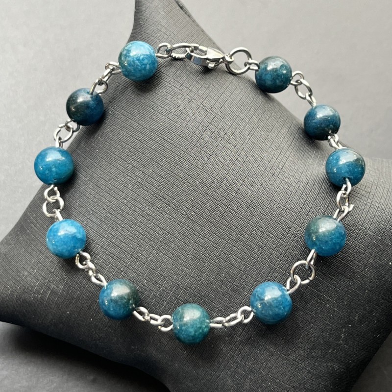 Pulseira Pedra Natural com Aço Inox - Apatita - Ajustável ate 20 cm