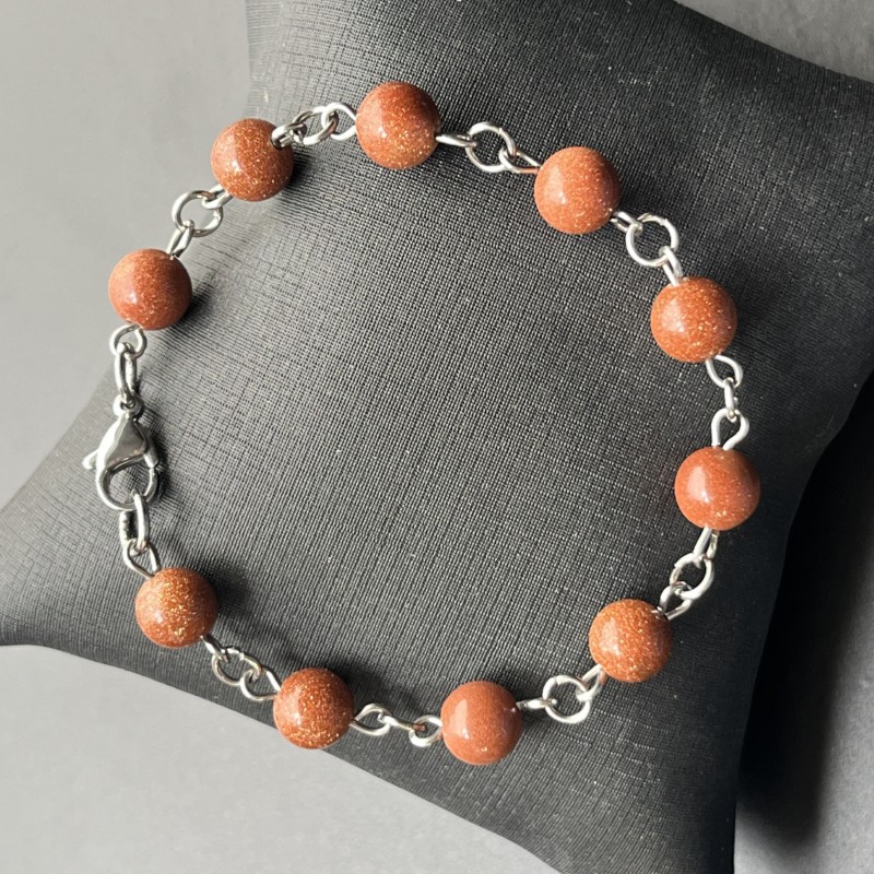 Pulseira Pedra Natural com Aço Inox - Pedra do Sol - Ajustável ate 20 cm