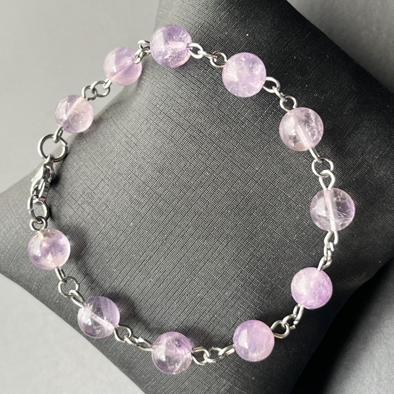 Pulseira Pedra Natural com Aço Inox - Ametista - Ajustável até 20 cm