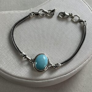 Pulseira de Corrente Envelhecida com Turquesa Oval Central - Prata 925 - 19 cm