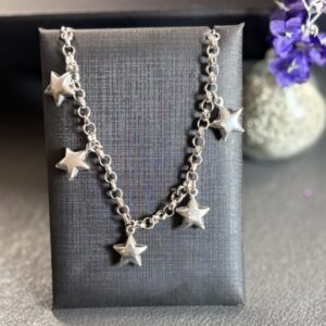 [Aço Inox] Pulseira Elo Português com pingentes de estrelas - Tam 17cm + extensor