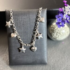 [Aço Inox] Pulseira Elo Portugues com Pingentes de Estrelas e Corações - Tam 17cm + extensor