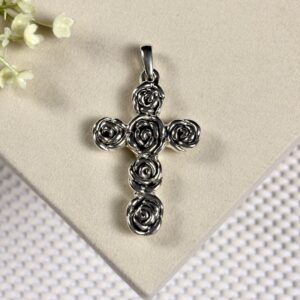 Prata 925 | Pingente Cruz de Rosas | Eletroformação | 6 cm