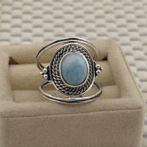 Prata 925 - Anel Pedra Natural | Larimar com dois aros e base central