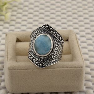 Prata 925 - Anel Pedra Natural | Larimar com detalhes de bolinha