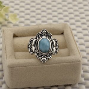 Prata 925 - Anel Pedra Natural | Oval Larimar com moldura trabalhada