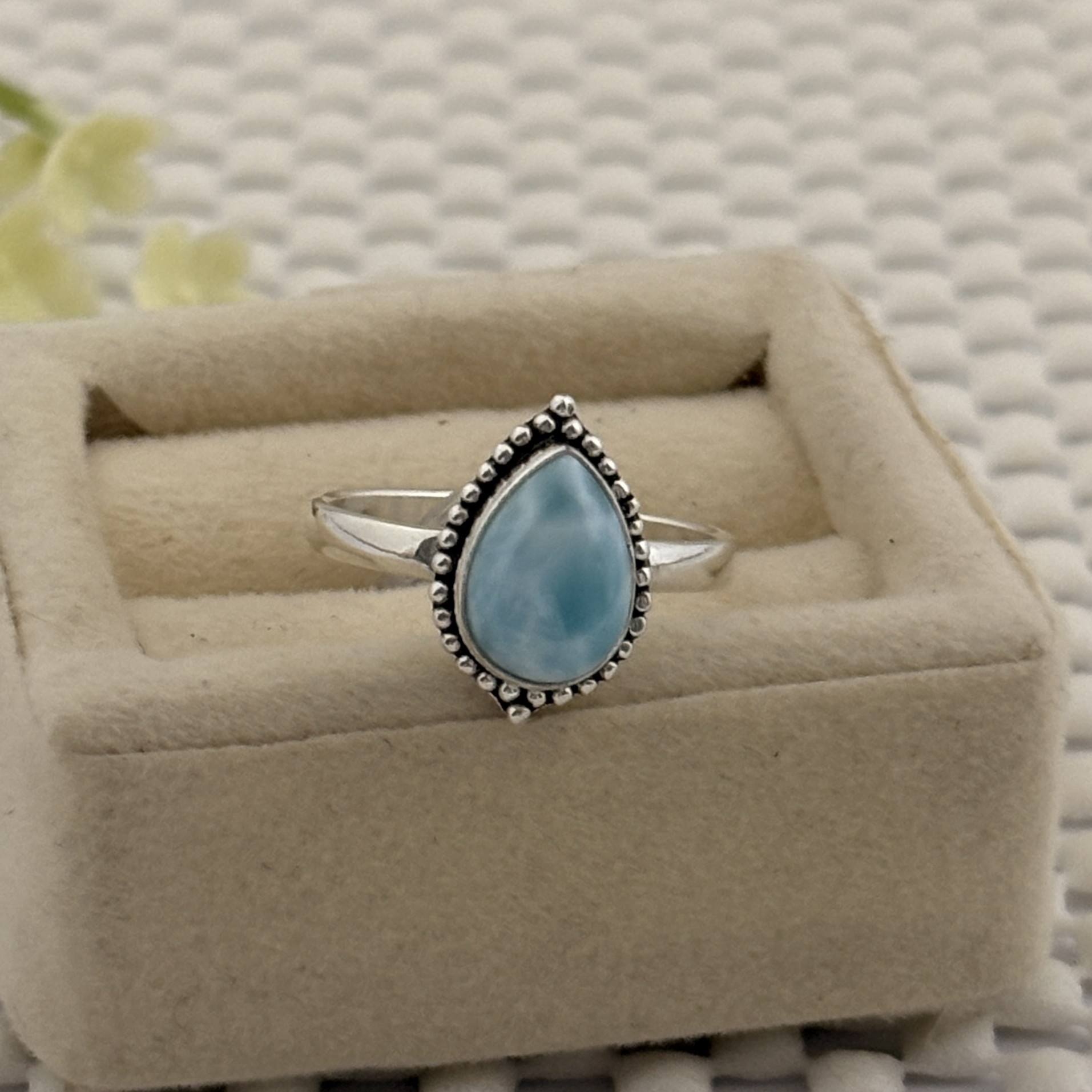 Prata 925 - Anel Pedra Natural | Gota de Larimar | Aro 19