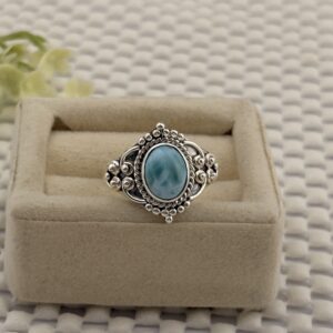 Prata 925 - Anel Pedra Natural | Larimar | Oval com bolinhas - Aro 21